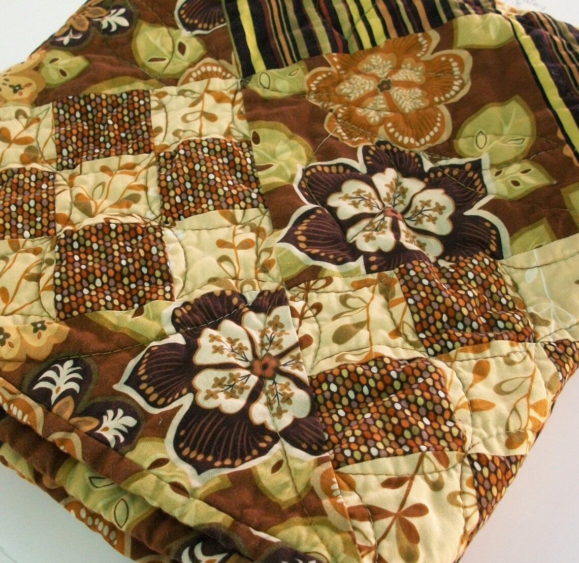 Woodland Throw Quilt Green Brown Patchwork Quilted Earth Garden Quiltsy