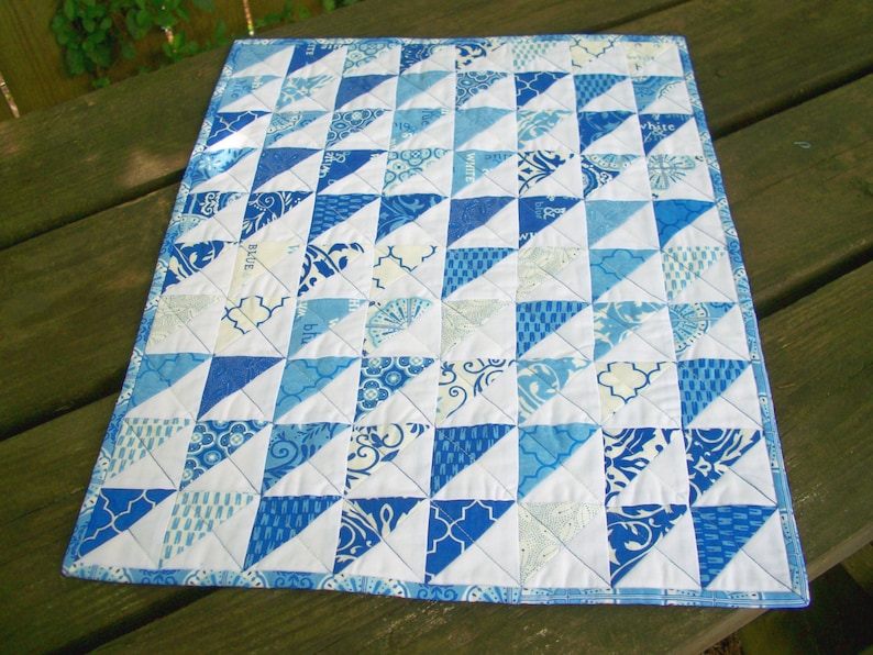 Blue Table Topper Spa Blue White Quilted Triangles Quiltsy Handmade FREE U.S Shipping