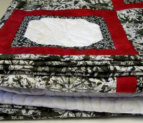 Snowflakes Lap Quilt Quilted Red Black White Winter Christmas Etsy