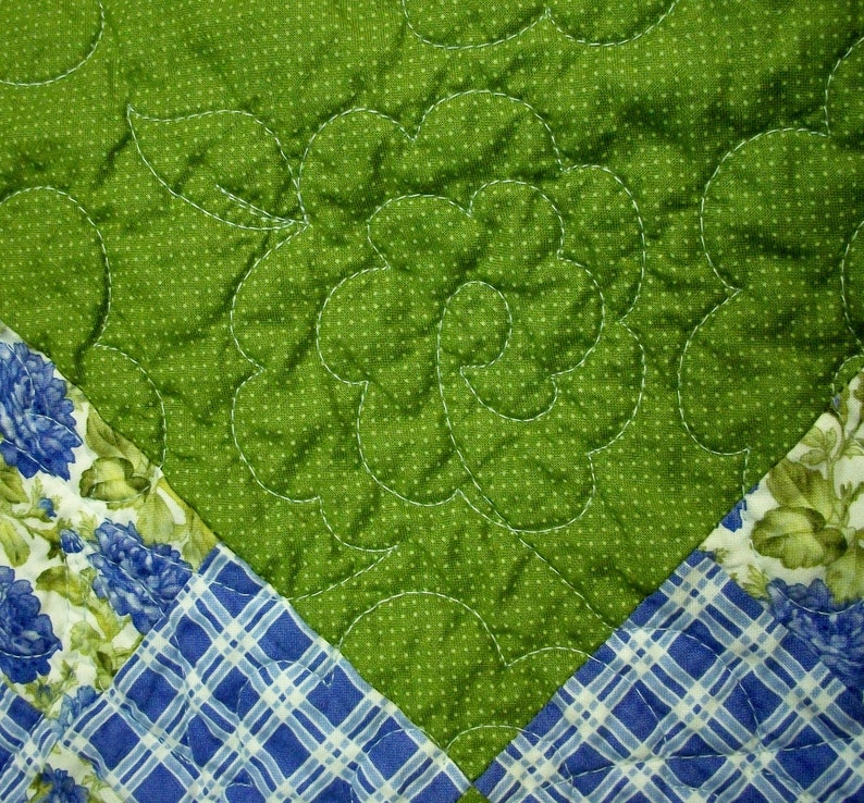 Roses Lap Quilt Periwinkle Blue Moss Green Quilted Quiltsy Etsy