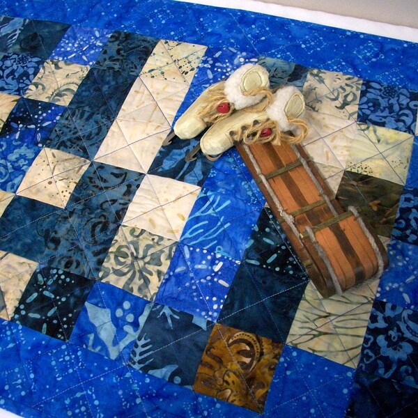 Blue Winter Table Runner Snow Day Batiks Quilted Quiltsy Handmade FREE U.S. Shipping