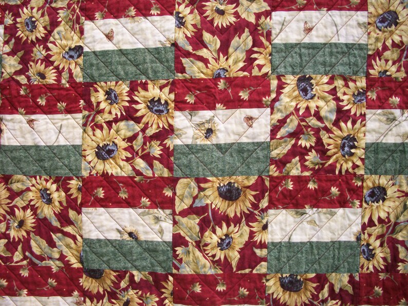 Sunflower Throw Quilt Red Yellow Quilted Quiltsy Handmade FREE Etsy