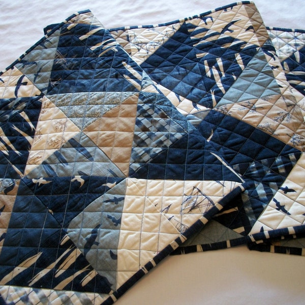 Nautical Table Runner Beach House Navy Blue Denim Blue Quilted Handmade