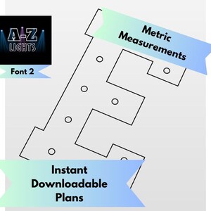 Può includere: Un diagramma di un design di apparecchio di illuminazione con il testo "Metric Measurements" e "Instant Downloadable Plans". Il logo di "A-Z LIGHTS" si trova nell'angolo in alto a sinistra, con "Font 2" sotto.