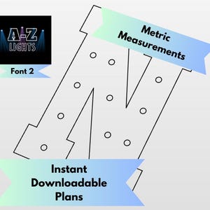 Può includere: Un disegno a tratto nero e bianco della lettera "N" con ritagli circolari. L'immagine include il testo "A-Z LIGHTS" e "Font 2". L'immagine include anche il testo "Piani scaricabili istantaneamente" e "Misure metriche".