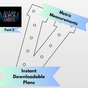 Può includere: Un disegno a tratto nero e bianco della lettera "V" con fori distanziati uniformemente. L'immagine include il testo "A-Z LIGHTS" e "Font 2". Sono presenti anche le parole "Piani scaricabili istantaneamente" e "Misure metriche".
