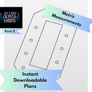 Può includere: Illustrazione digitale di un piano di illuminazione con il testo "A-Z Lights" e "Font 2". Sono presenti anche le parole "Metric Measurements" e "Instant Downloadable Plans".