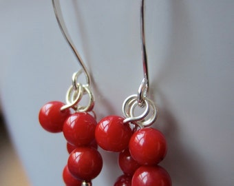 Round Red Coral and Silver Earrings