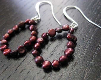 Crimson teardrop freshwater pearl and silver plated earrings