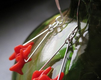 Triangular coral and silver-plated dangle earrings