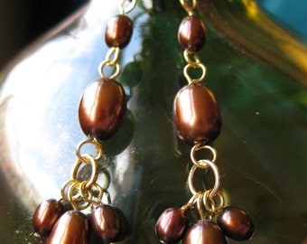 Gold and chocolate pearl dangle earrings
