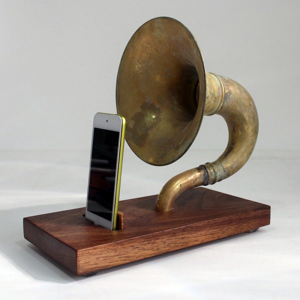 The Horn-A-Phone - iHorn -- Large Brass  Acoustic  Speaker Upright Horn Dock - Acoustic Speaker System Docking Station  CHERRY only - Patina