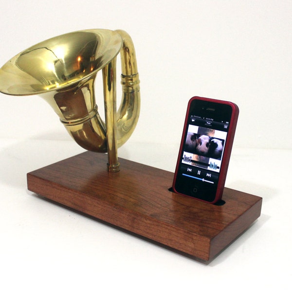 The Horn-A-Phone - iHorn -- Large Brass  Acoustic  Speaker Horn Dock -- Acoustic Speaker System Docking Station  , Cherry finish, Model B