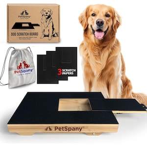 May include: A PetSpany dog scratch board with a wooden base and black abrasive surface, featuring a treat compartment. Includes a cardboard box with dog illustration, a silver drawstring storage bag, and three black replacement scratch papers.