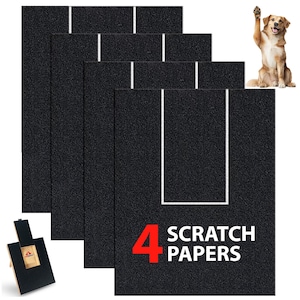 May include: A set of four black scratch papers with white border lines and the text "4 SCRATCH PAPERS" in white and red. A dog is waving in the background. A small wooden stand is in the lower left corner.