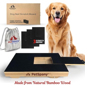 May include: A dog nail scratch board made from natural bamboo wood. The board has a black scratch surface and includes three scratch papers. A golden retriever dog is in the background. The product is from PetSpany.