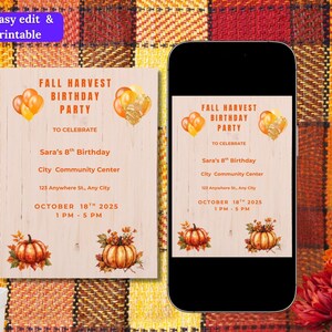 Fall Harvest Birthday Invitation  Rustic Pumpkin Party Invite Printable & Mobile Editable Template | Autumn Birthday Celebration