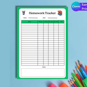 Homework Tracker Printable: Editable Assignment Checklist (Canva File, 8.5x11&quot;)
