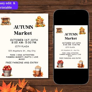 May include: An autumn market flyer with the text "AUTUMN Market" and event details. The flyer includes illustrations of market stalls, pumpkins, apples, and a coffee drink. The flyer is on a wooden surface.