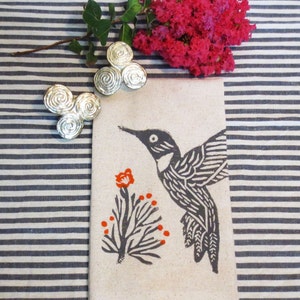 Taupe Flax Cotton Tea Towel Hand Towel with Hummingbird Bird Hand Block Print with Orange Floral Blossom Accents / Birthday Gift image 1