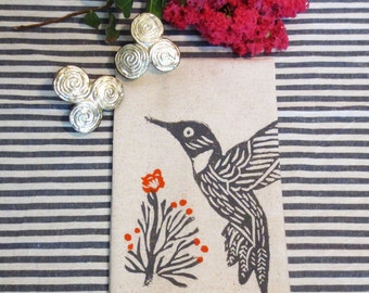 Taupe Flax Cotton Tea Towel Hand Towel with Hummingbird Bird Hand Block Print  with Orange Floral Blossom Accents / Birthday Gift