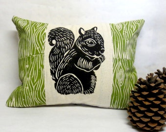 Squirrel and Wood Print Pillow - Woodland Squirrel and Wood Grain Print Pillow