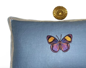 Butterfly Aqua Blue Green Embroidered  Linen Pillow - Embroidery Pillow