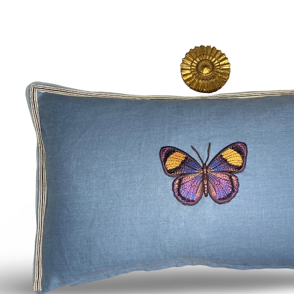 Butterfly Aqua Blue Green Embroidered  Linen Pillow - Embroidery Pillow