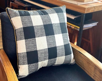 Buffalo Check Pillow: Black Beige Gingham with Mustard Trim