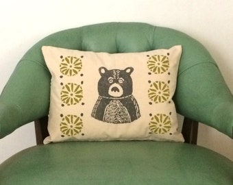 Bear Print Pillow - Grey Bear and Citrine Green Print Kidney Pillow