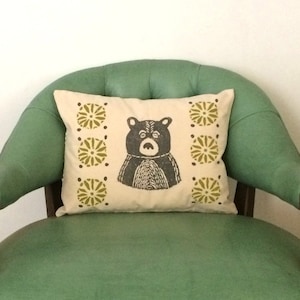 Mid-Century Bear Print Pillow: Grey Bear, Citrine Green Geometric Design