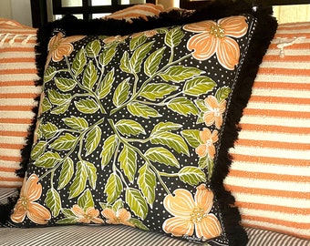 Decorative Black, Peach and Green Floral Printed Pillow with Black Brush Fringe Trim