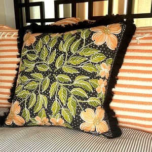 Decorative Black, Peach and Green Floral Printed Pillow with Black Brush Fringe Trim image 1