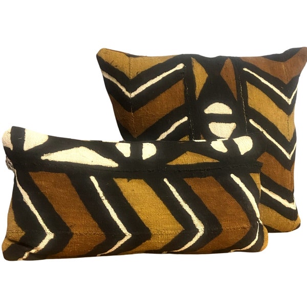 African Mudcloth Pillow - Authentic Earth Tone Black, Carmel brown and white Kuba ClothvPillow Cover