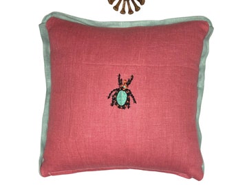 Pink and Blue Beetle Embroidery Linen Pillow - Insect Pillow