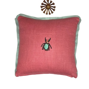 Pink and Blue Beetle Embroidery Linen Pillow - Insect Pillow