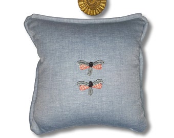 Blue Dragonfly Embroidery Linen Pillow - Insect Pillow