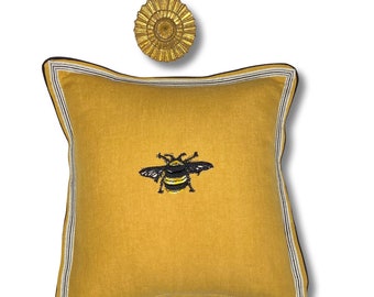 Almohada de lino dorado con abejas - Almohada con insectos