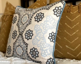 Floral Print Linen Pillow - Light Blue and Grey Flower Printed Decorative Pillow