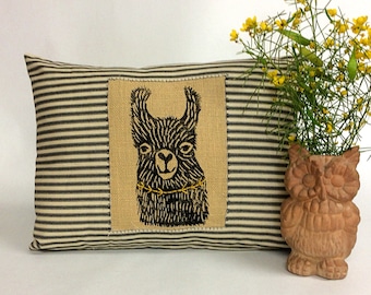 Hand Printed Llama Pillow: Striped Cotton Decorative Pillow