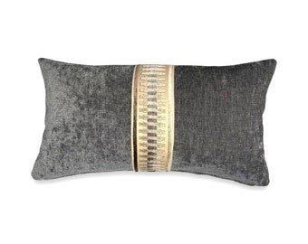 Charcoal Grey Chenille Like Lumbar Pillow - High End Kidney Pillow with Raised Velvet Trim