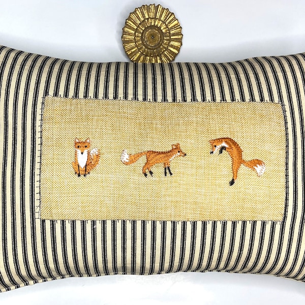 Woodland fox and stripe kidney pillow in