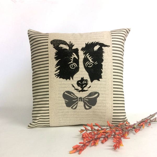 Border Collie Block Print Decorative Pillow / Birthday Gift Idea