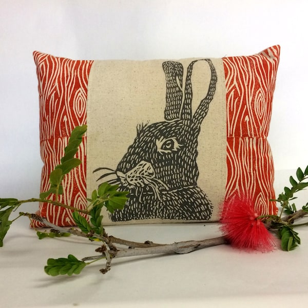 Rabbit Hare  Wood Print Pillow - Woodland Rabbit and Wood Grain Print Pillow, Wood Grain Lumbar Pillow, Rustic Home Decor, Easter Decor Gift