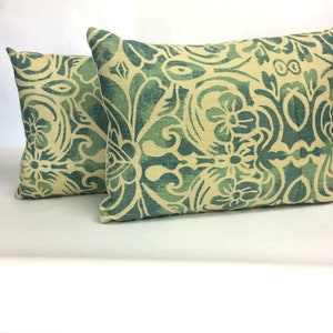 Bohemian Lumbar Pillow: Vintage Hand-Printed Linen, Teal Blue Green