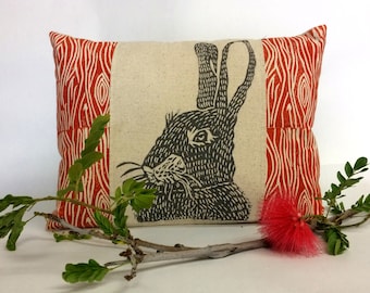Rabbit Hare  Wood Print Pillow - Woodland Rabbit and Wood Grain Print Pillow, Wood Grain Lumbar Pillow, Rustic Home Decor, Easter Decor Gift