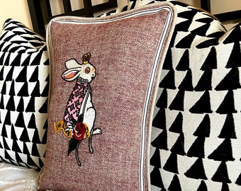 Rabbit Embroidery Pillow - Whimsical White Rabbit Inspired Pillow