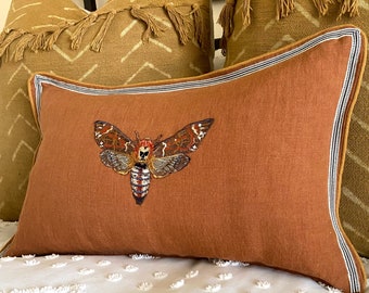 Caramel Brown  Embroidered Moth Bug Linen Pillow - Embroidery Beetle Linen Pillow