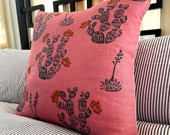 Rose Pink Linen Cactus Print Pillow