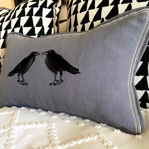 Slate Blue Embroidered Crow Raven Bird Linen Pillow